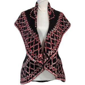 ND Boho Knit‎ Waterfall Poncho Vest Size Small Western Black & Red Abstract